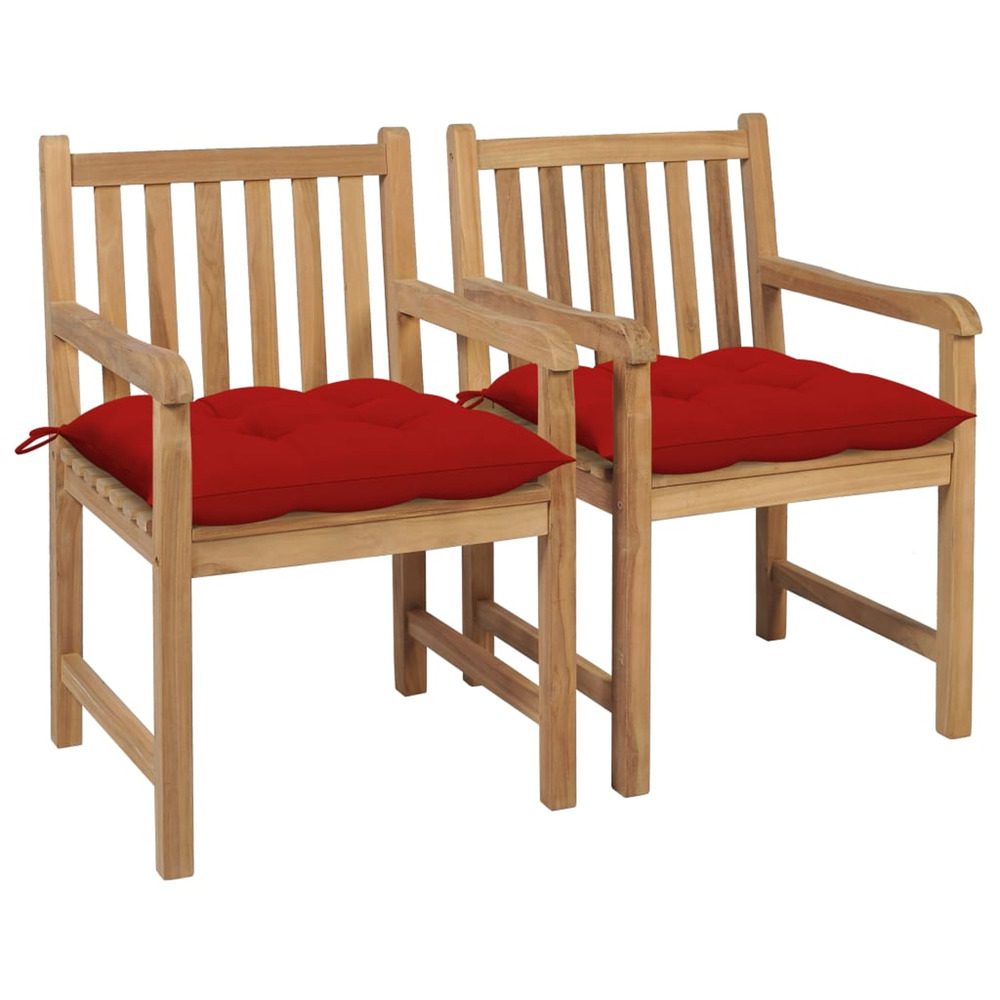 Chaises de jardin lot de 2 et coussins rouge bois teck massif