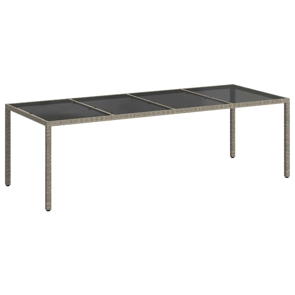 Table de jardin gris 250x100x75 cm verre trempé et poly rotin