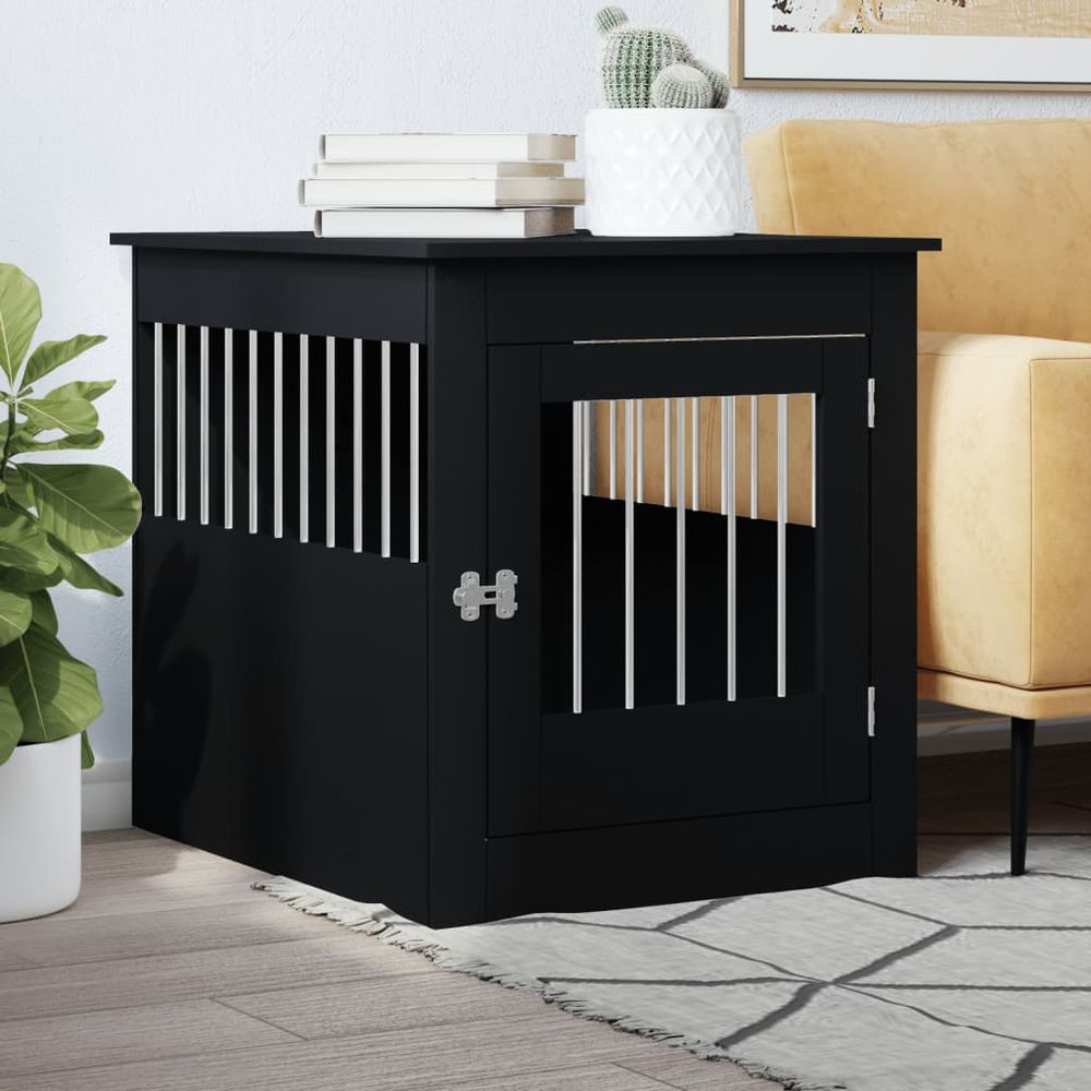 Meuble cage chien en bois et acier table d'appoint pour salon noir 80cm