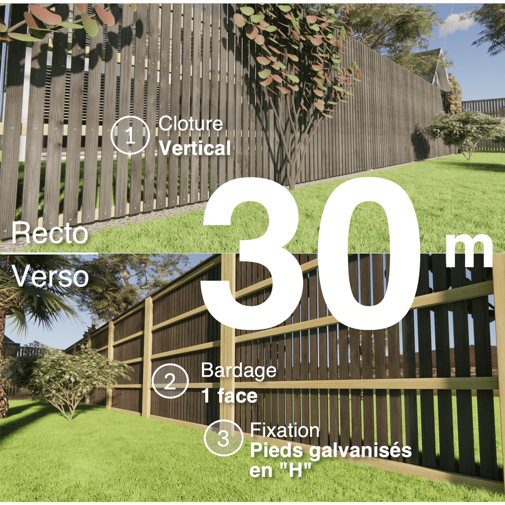 Kit clôture bois moderne 30m – h 2,3m – 20 x 70 mm noir par trempage – pose vertical – simple face – support galva