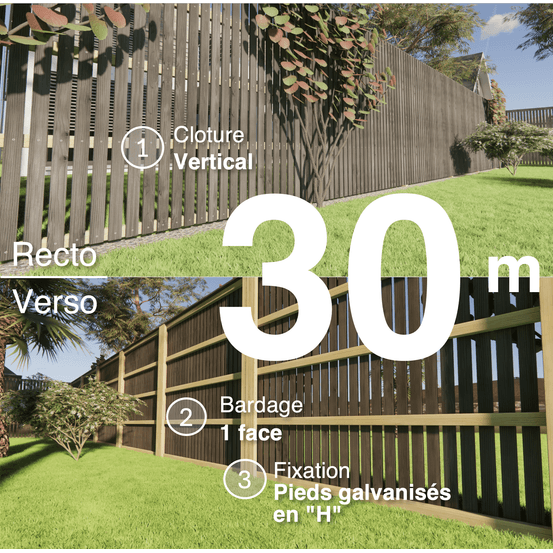 Kit clôture bois moderne 30m – h 2,3m – 20 x 70 mm noir par trempage – pose vertical – simple face – support galva
