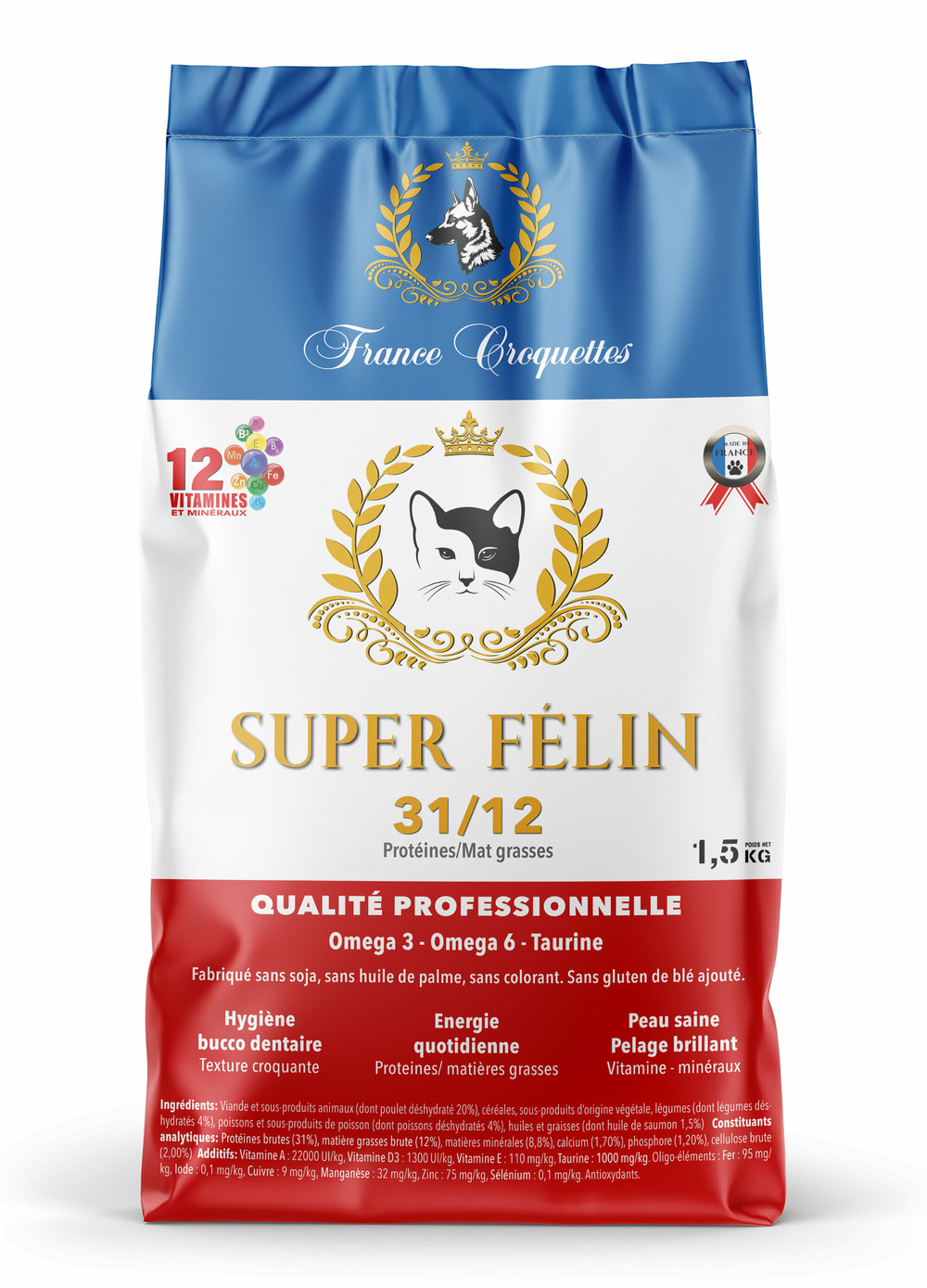 Croquette pour chat adulte super felin 31/12 – 1,5kg – non sterilisé – france croquettes