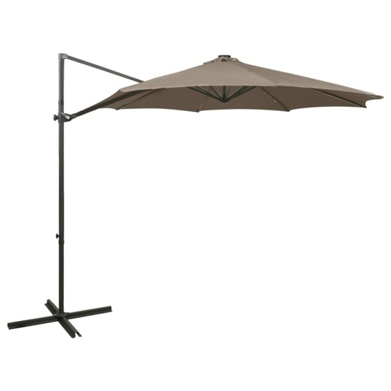 Parasol meuble de jardin déporté avec mât et lumières led 300 cm taupe