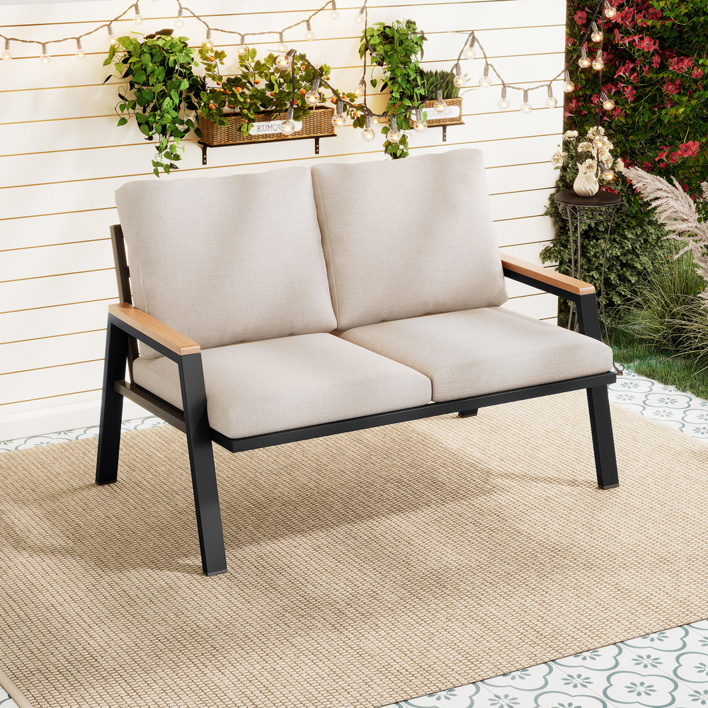 Canapé de jardin 2 places, acier galvanisé avec accoudoirs en bois-plastique, pour jardin et terrasse, gris-beige