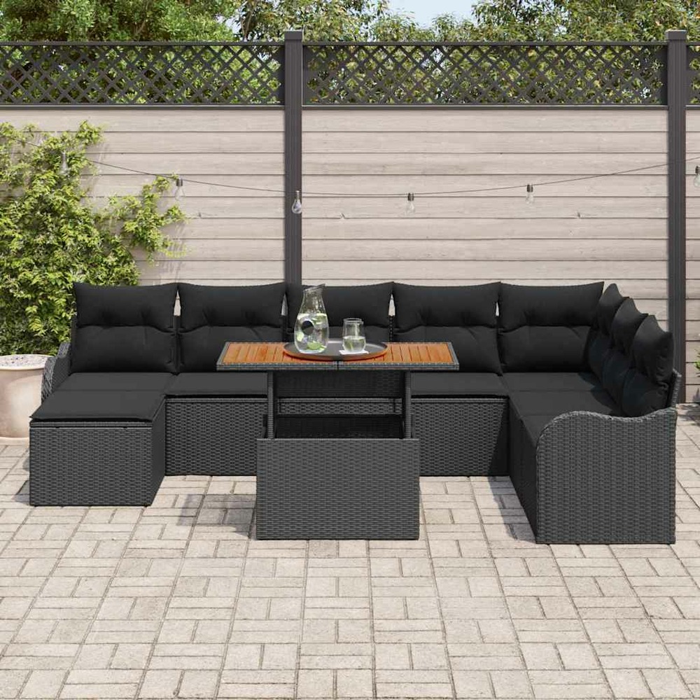 Ensemble de canapé de jardin 9 pcs noir poly rotin