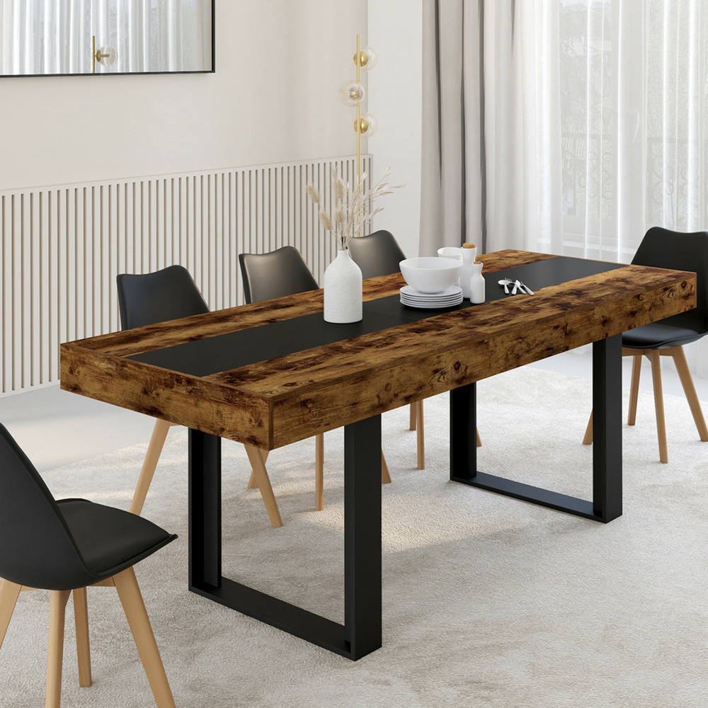 Table à manger extensible rectangle phoenix 4-8 personnes bois effet vieilli et noir bande centrale noire 160-200 cm