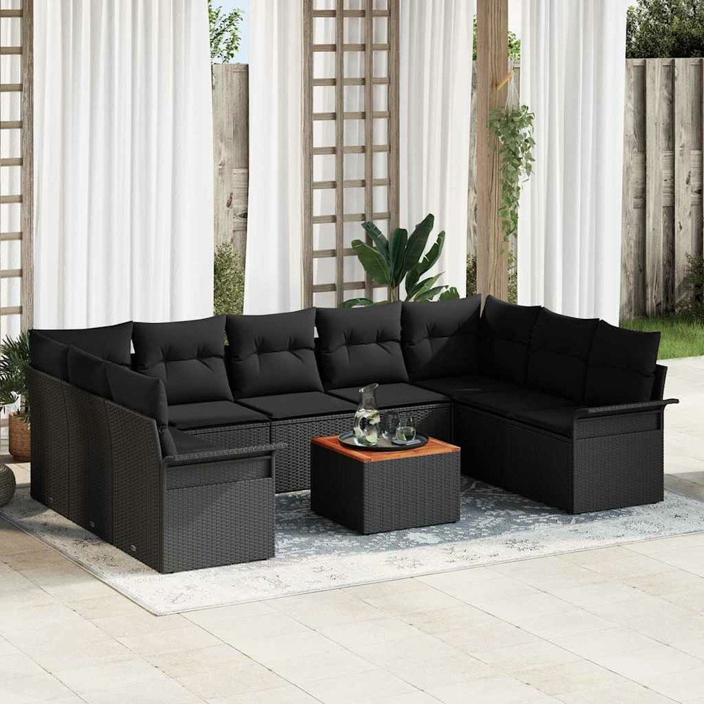 Ensemble de canapé de jardin avec coussin 10 pcs noir polyrotin
