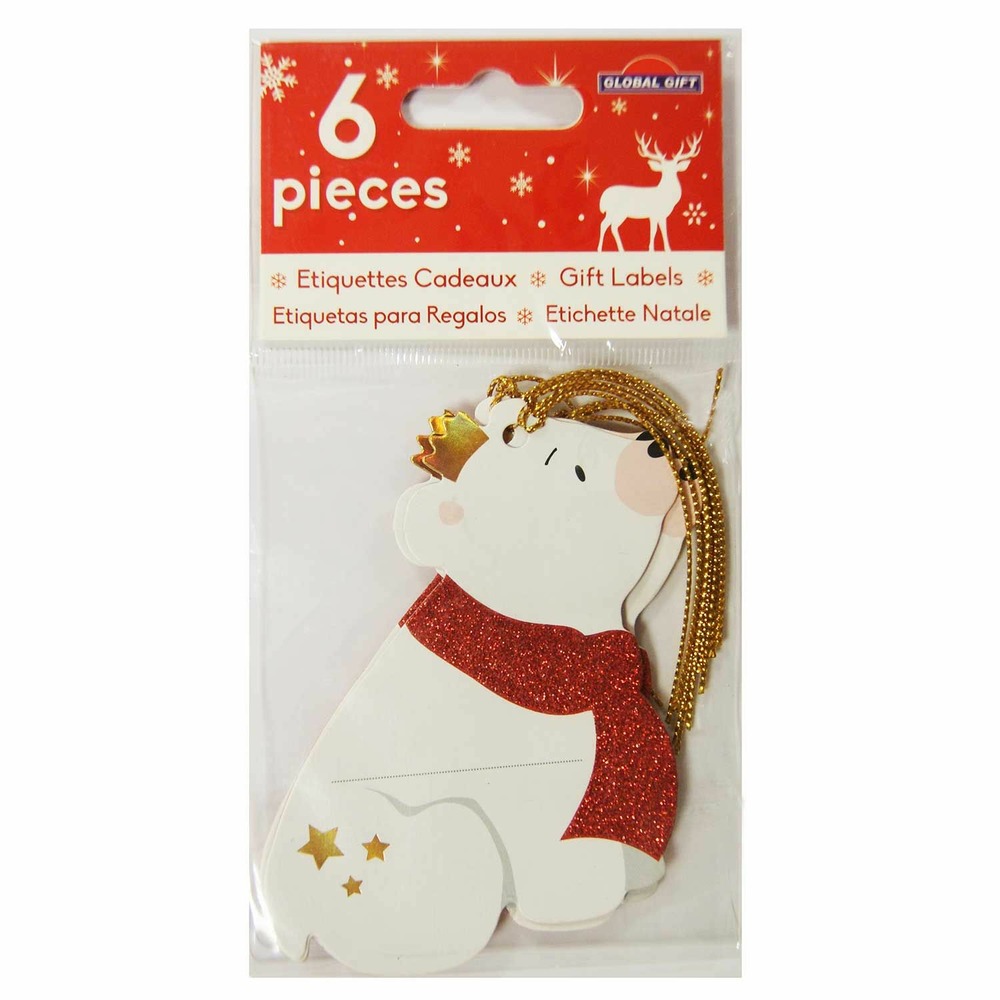 6 étiquettes cadeaux - ours blancs à paillettes