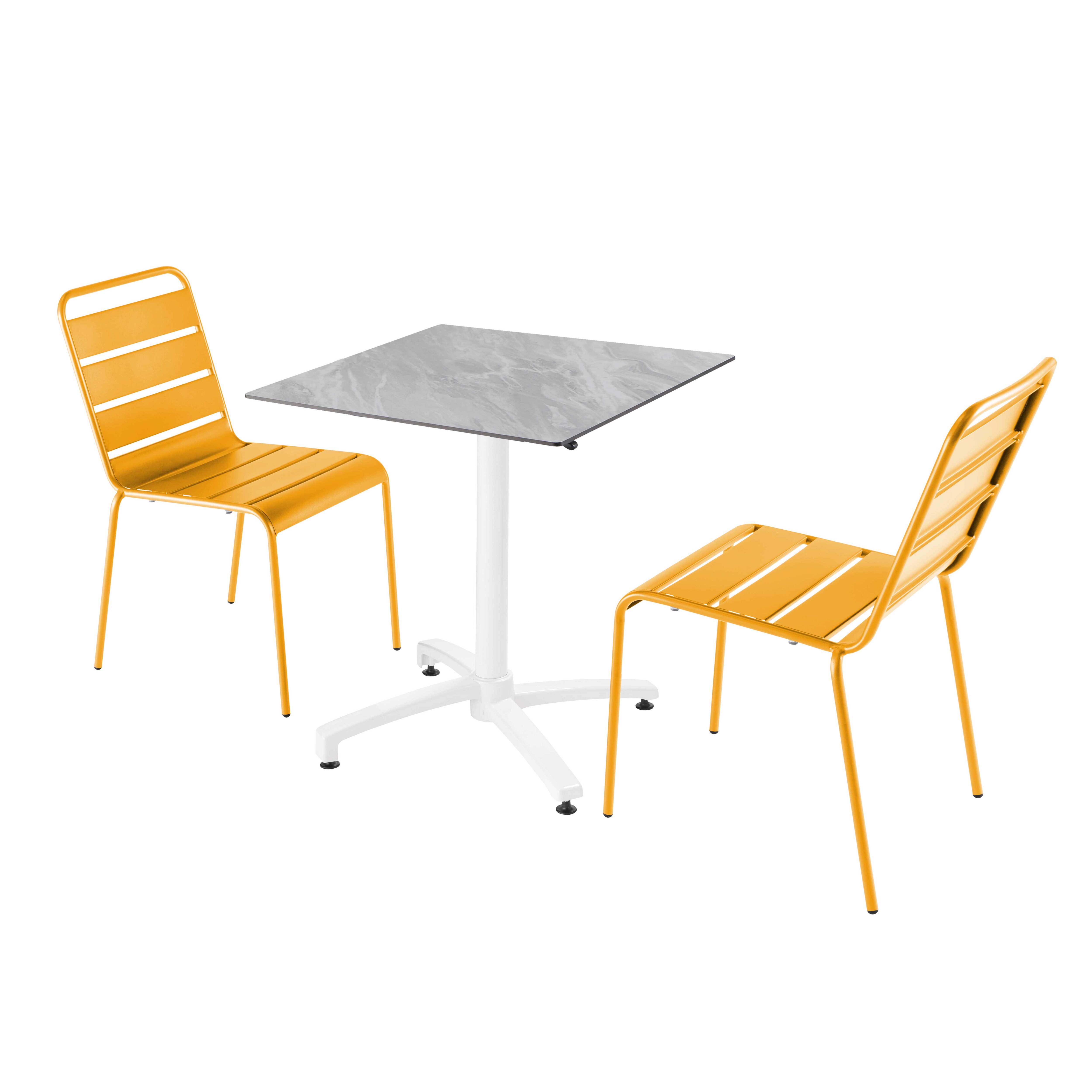 Ensemble table de terrasse stratifié marbre et 2 chaises jaune