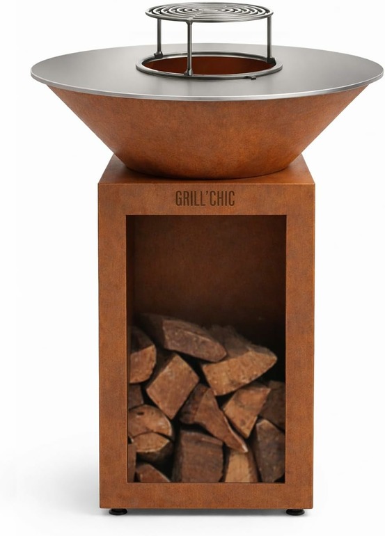 Grill'chic - pack privilège brasero cévenol corten bois rond - simple cuve - avec bâche + grille + stop food inclus - à assembler -