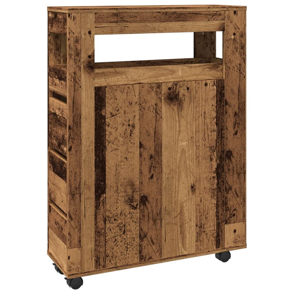 Meuble étroit de salle de bain à roulettes vieux bois