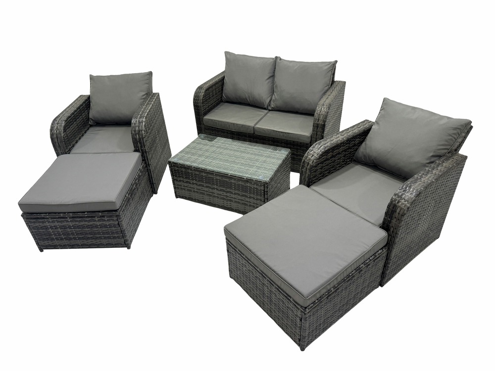 6 places ensemble de meubles de jardin canapés de terrasse fauteuil avec table en verre trempé 2 grand tabourets gris foncé mixte