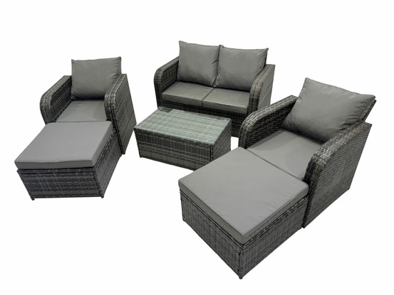 6 places ensemble de meubles de jardin canapés de terrasse fauteuil avec table en verre trempé 2 grand tabourets gris foncé mixte
