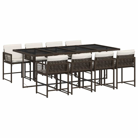Ensemble à manger de jardin et coussins 9 pcs marron poly rotin
