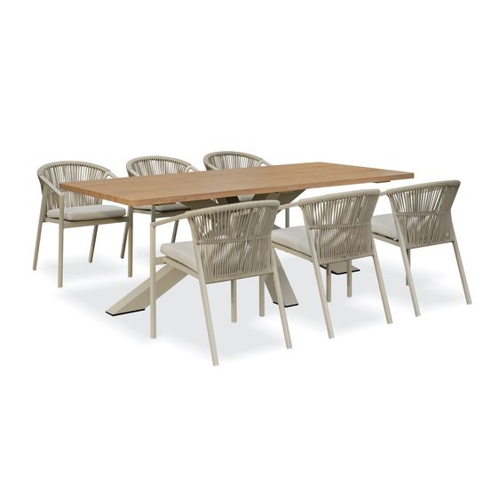 Ensemble table de jardin kelia (220x102 cm) en aluminum et plateau aspect bois et 6 fauteuils gambi - grege
