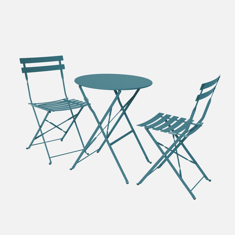 Salon de jardin bistrot pliable emilia rond, table diamètre 60cm avec deux chaises pliantes, acier thermolaqué