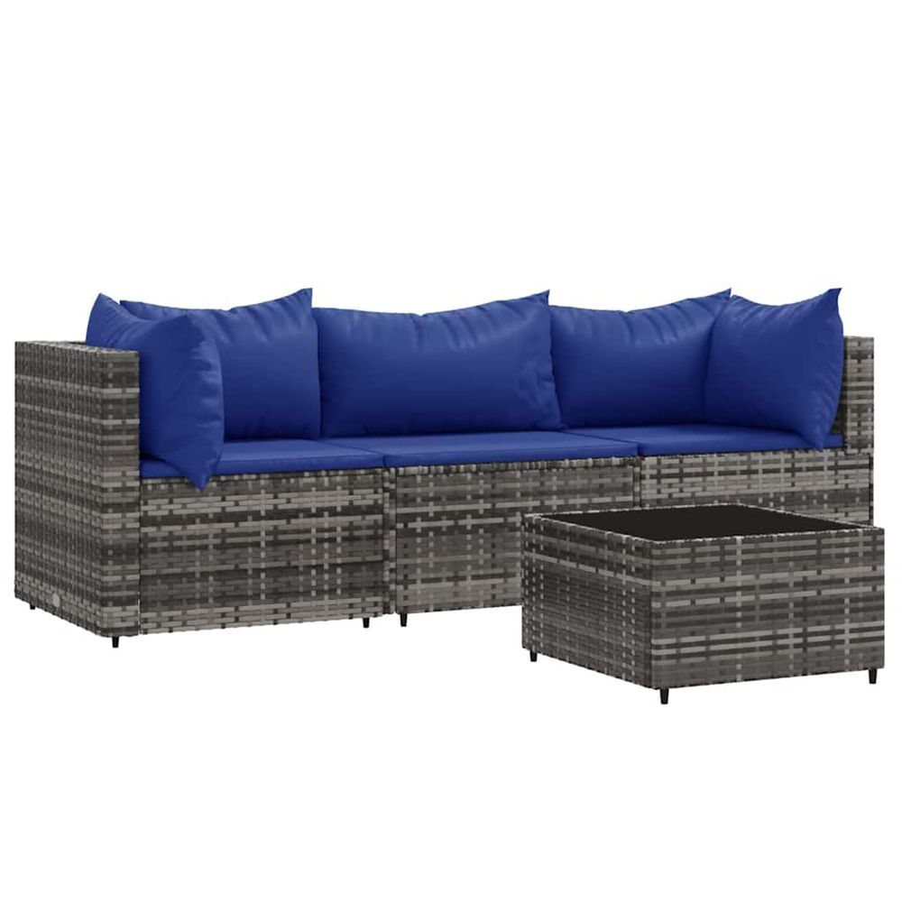 Salon de jardin 4 pcs avec coussins gris résine tressée