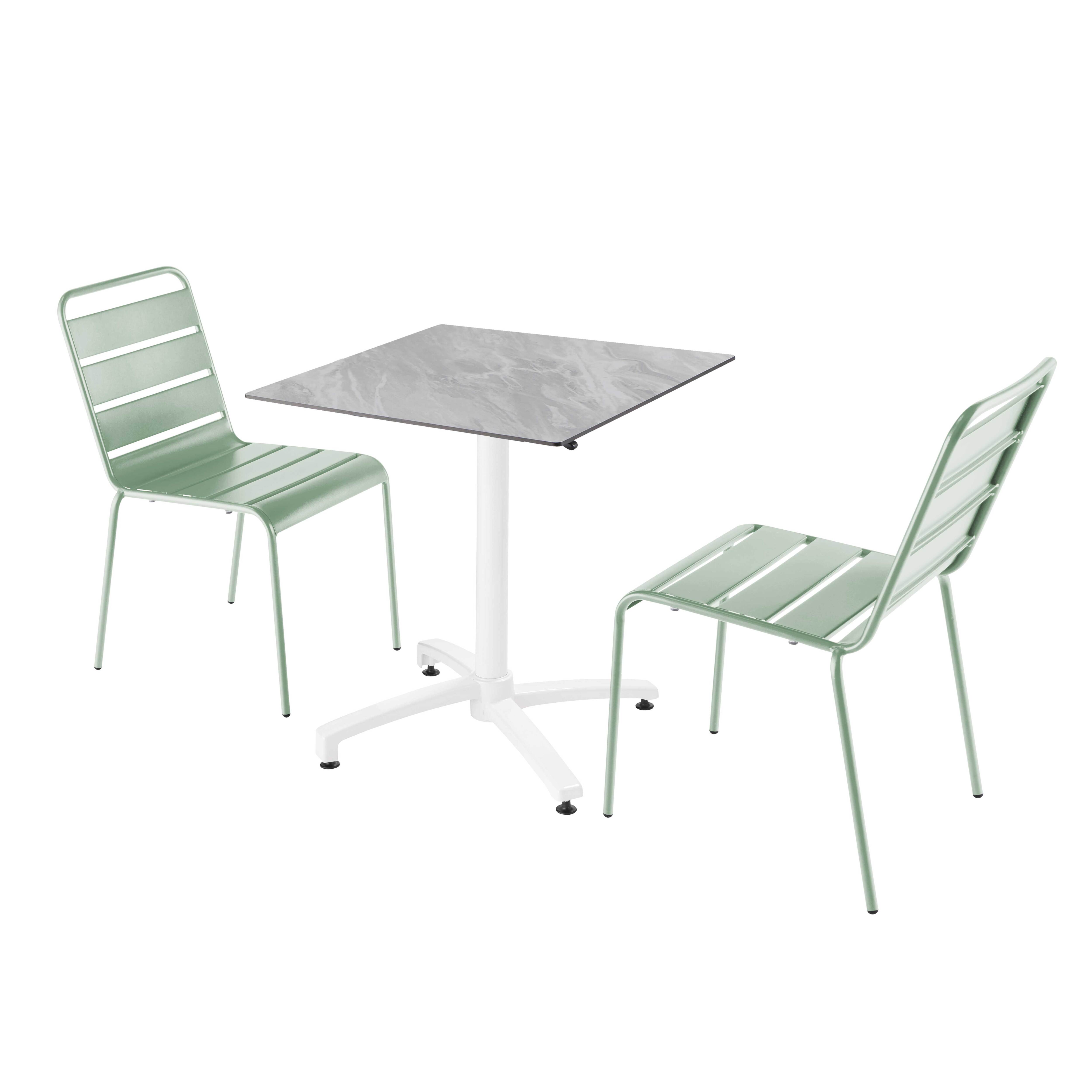 Ensemble table de terrasse stratifié marbre et 2 chaises vert sauge