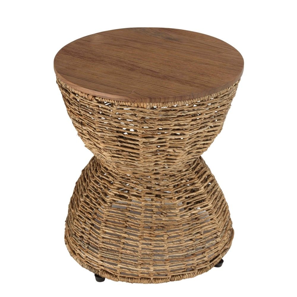 Tabouret beige assise en bois de teck recyclé