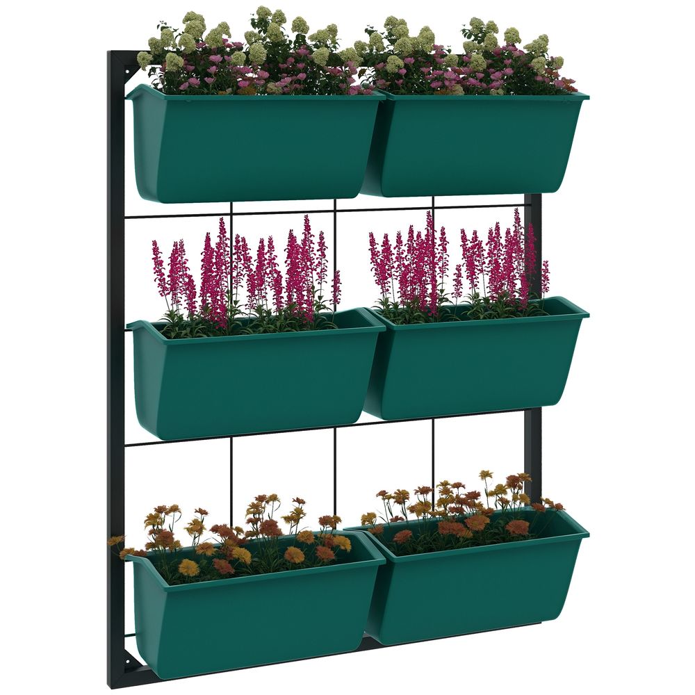 Potager vertical acier balcon 3 niveaux 6 pots drainage 52x14x66cm vert noir