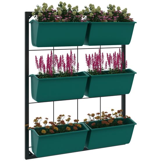 Potager vertical acier balcon 3 niveaux 6 pots drainage 52x14x66cm vert noir