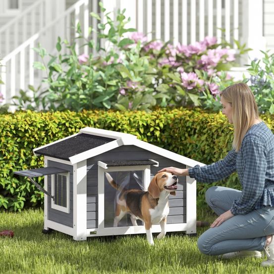 Niche pour chien bois de sapin extérieur étanche avec fenêtre 98x76x69,5cm gris