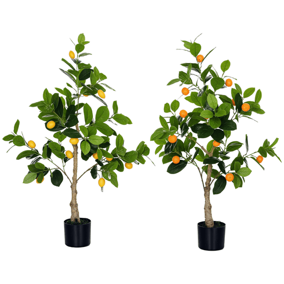 Lot de 2 arbres artificiels citronnier et oranger plastique 120 cm intérieur avec pots