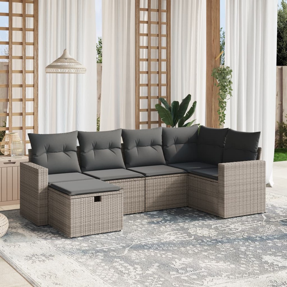 Salon de jardin 6 pcs avec coussins gris résine tressée
