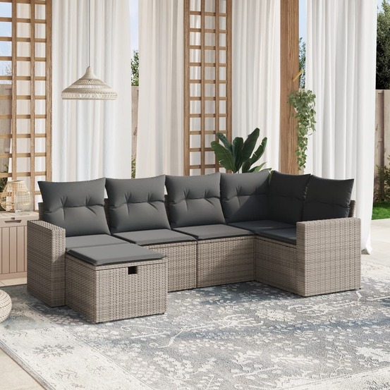 Salon de jardin 6 pcs avec coussins gris résine tressée