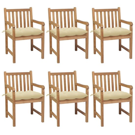 Chaises de jardin lot de 6 et coussins blanc crème teck solide