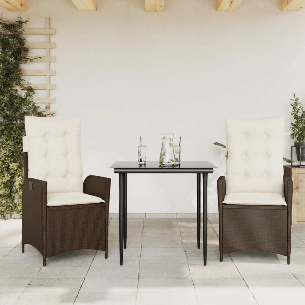 Ensemble à manger de jardin 3 pcs et coussins marron poly rotin