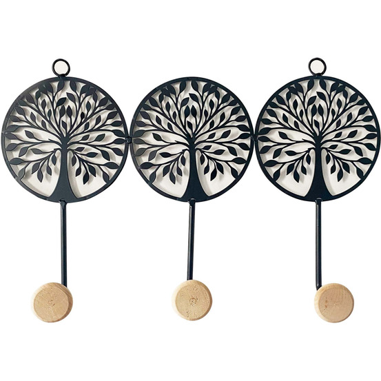 Patère 3 crochets en métal et bois arbre de vie