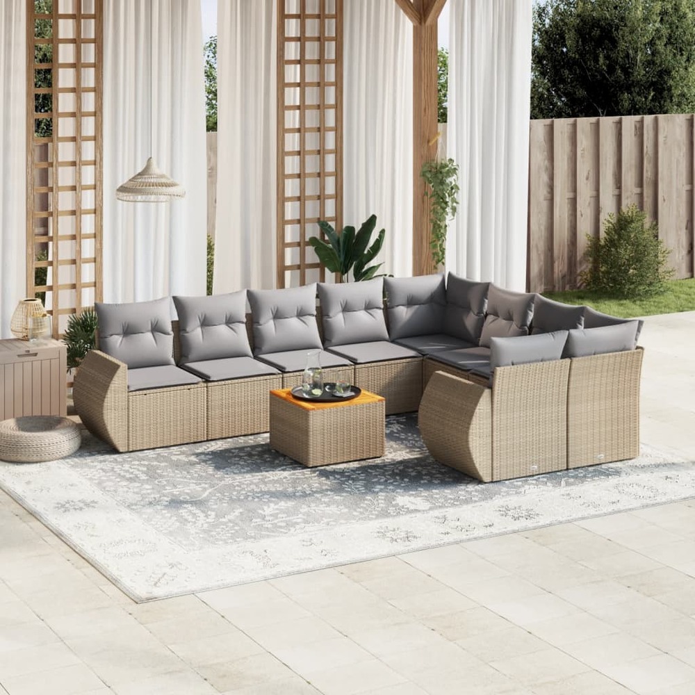 Salon de jardin avec coussins 10 pcs beige résine tressée