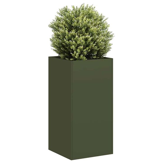 Jardinière colonne haute acier laminé robuste idéal pour plantes grimpantes et fleurs vert olive 40x40x80cm