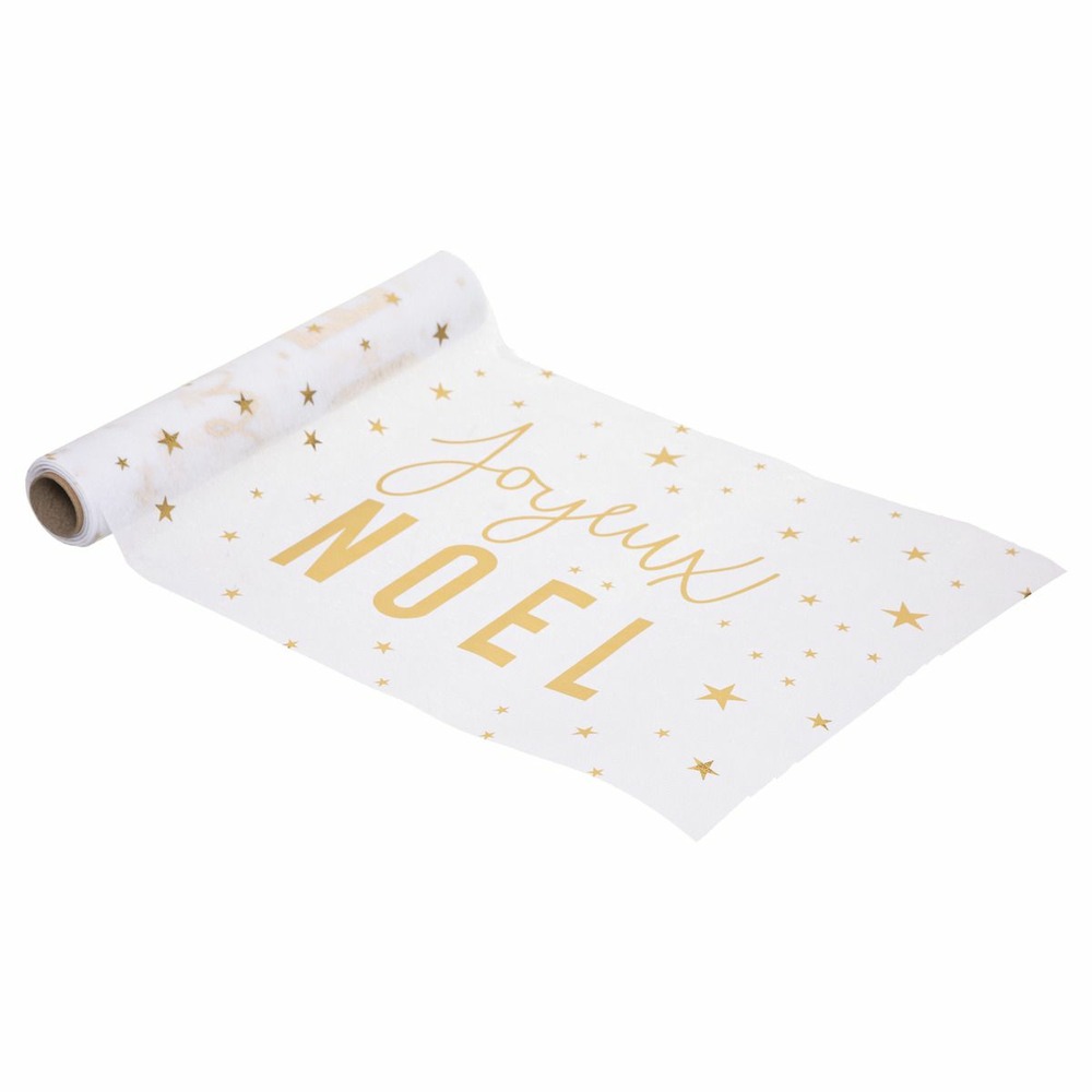 Chemin de table tissu blanc imprimé joyeux noël doré 28 x 500 cm