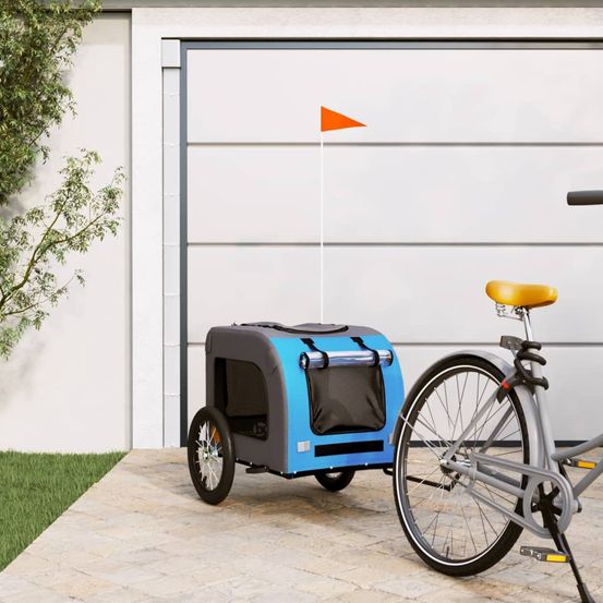 Chariot vélo pour grand chien en fer et oxford pour balade sécurisée bleu et gris