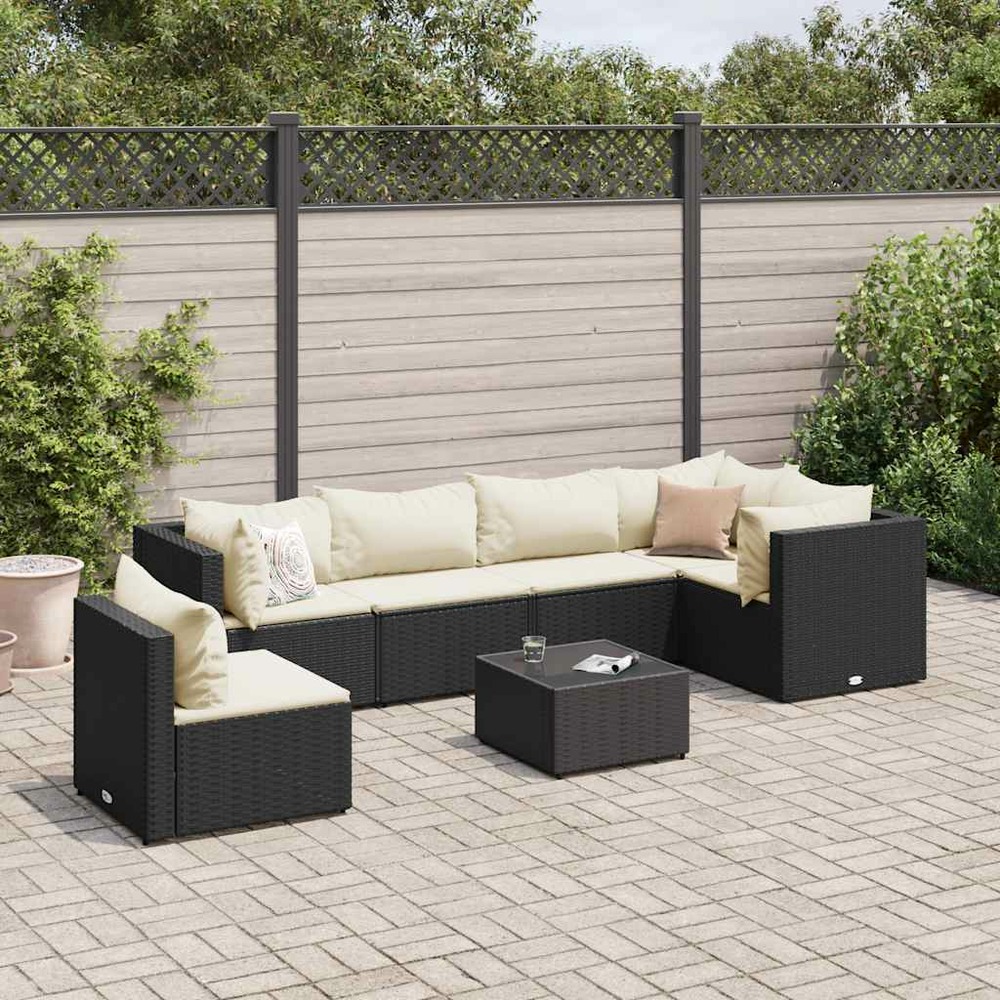 Salon de jardin 7 pcs avec coussins noir résine tressée