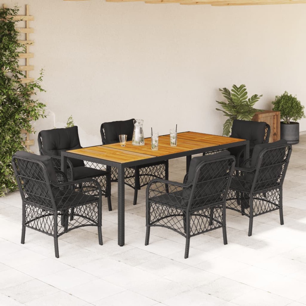 Ensemble à manger de jardin coussins 7pcs noir résine tressée