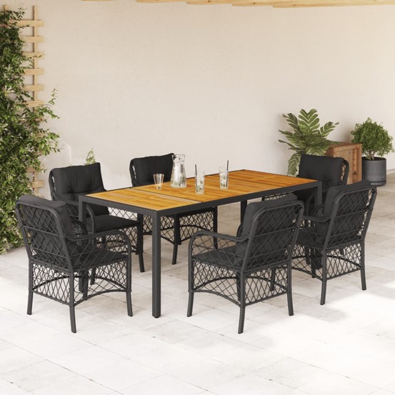 Ensemble à manger de jardin coussins 7pcs noir résine tressée