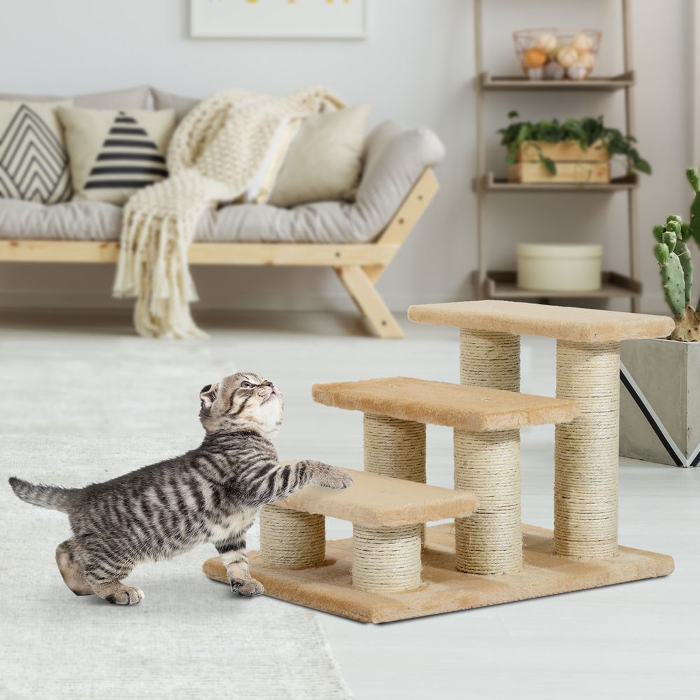 Escalier pour animaux en panneau de particules peluche beige 45 x 35 x 34 cm chat chien accès canapé griffoir sisal