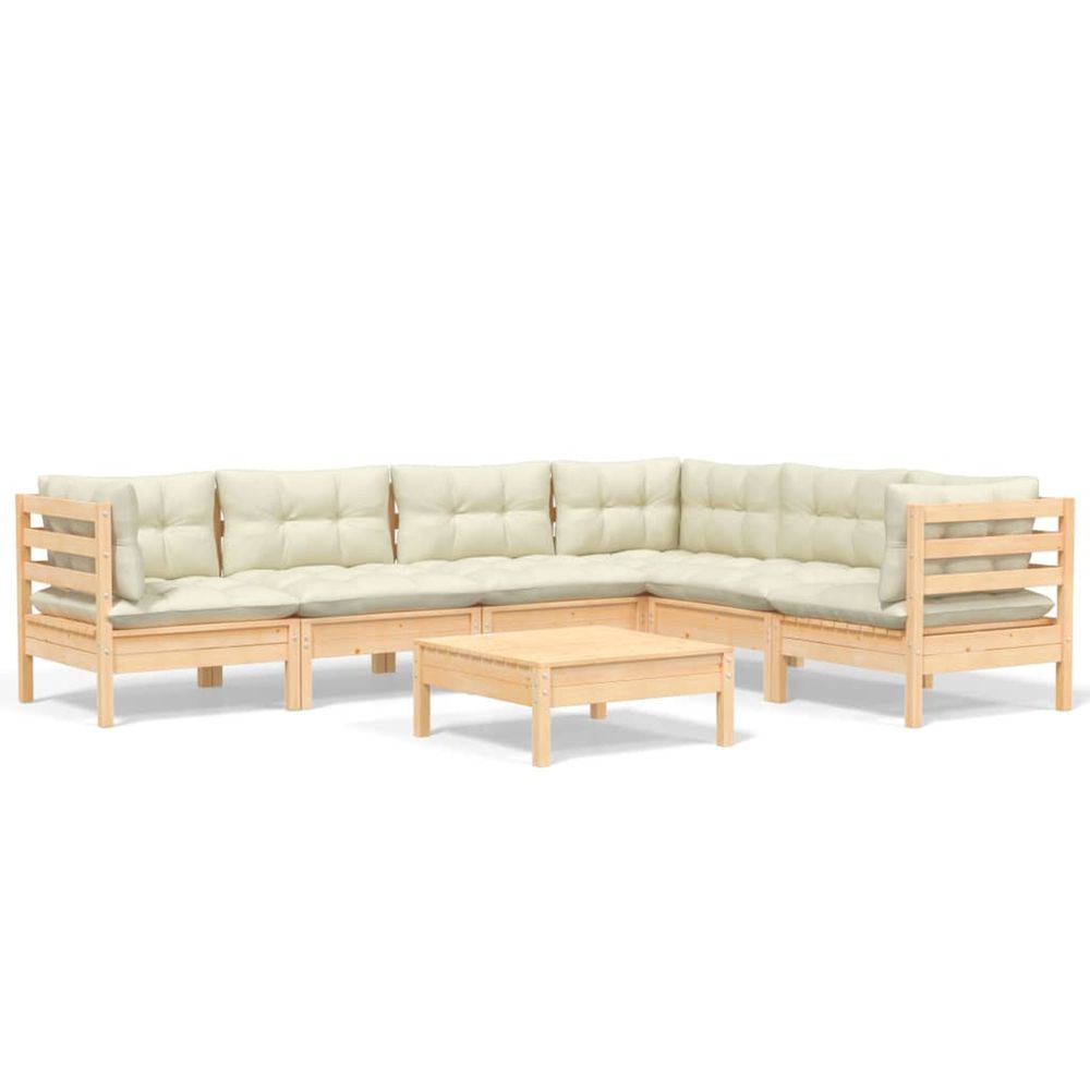 Salon de jardin 7 pcs avec coussins crème bois de pin massif