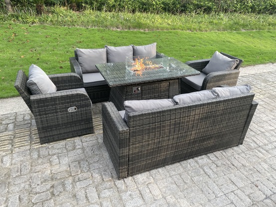 Rattan meubles d'extérieur foyer au gaz table rectangulaire chauffage au gaz chaise longue réglable canapé 3 places set de 8 places
