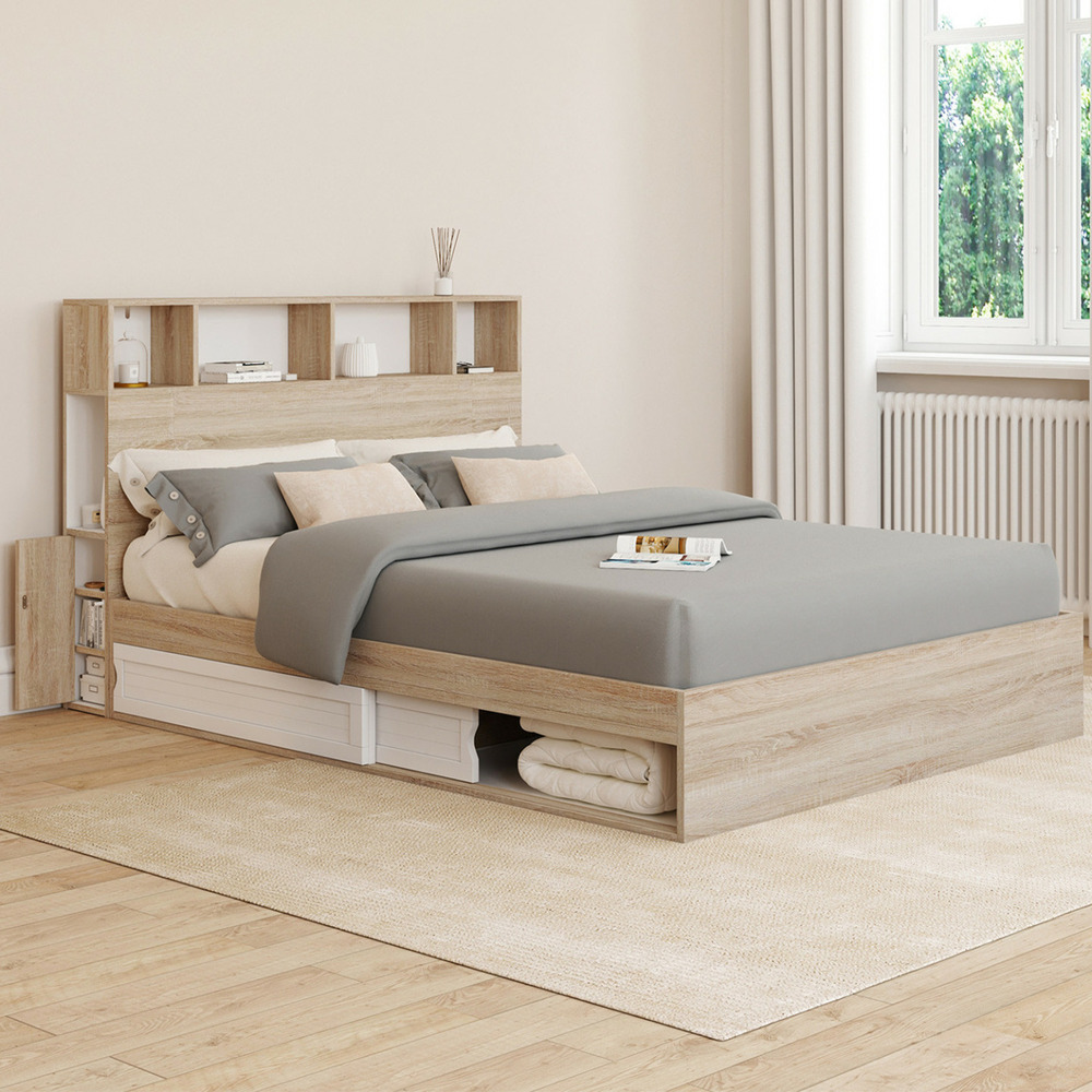 Lit double clem avec rangements + tête de lit et sommier 140 x 190 cm hêtre et blanc