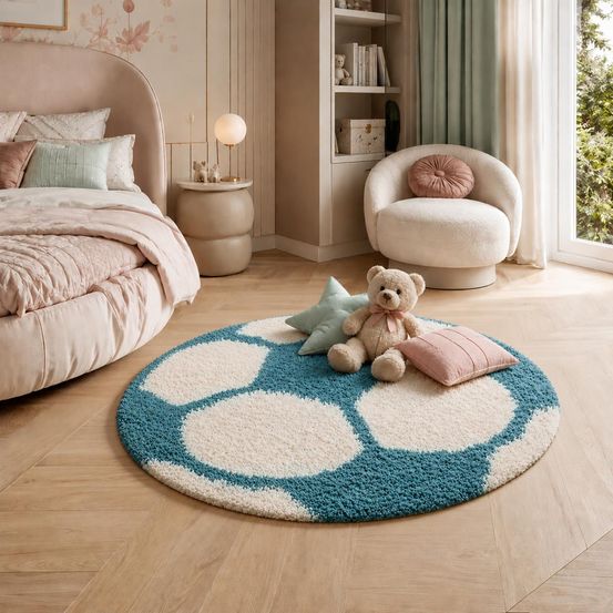 Tapis enfant ø100cm rond tissé turquoise et crème shaggy foot