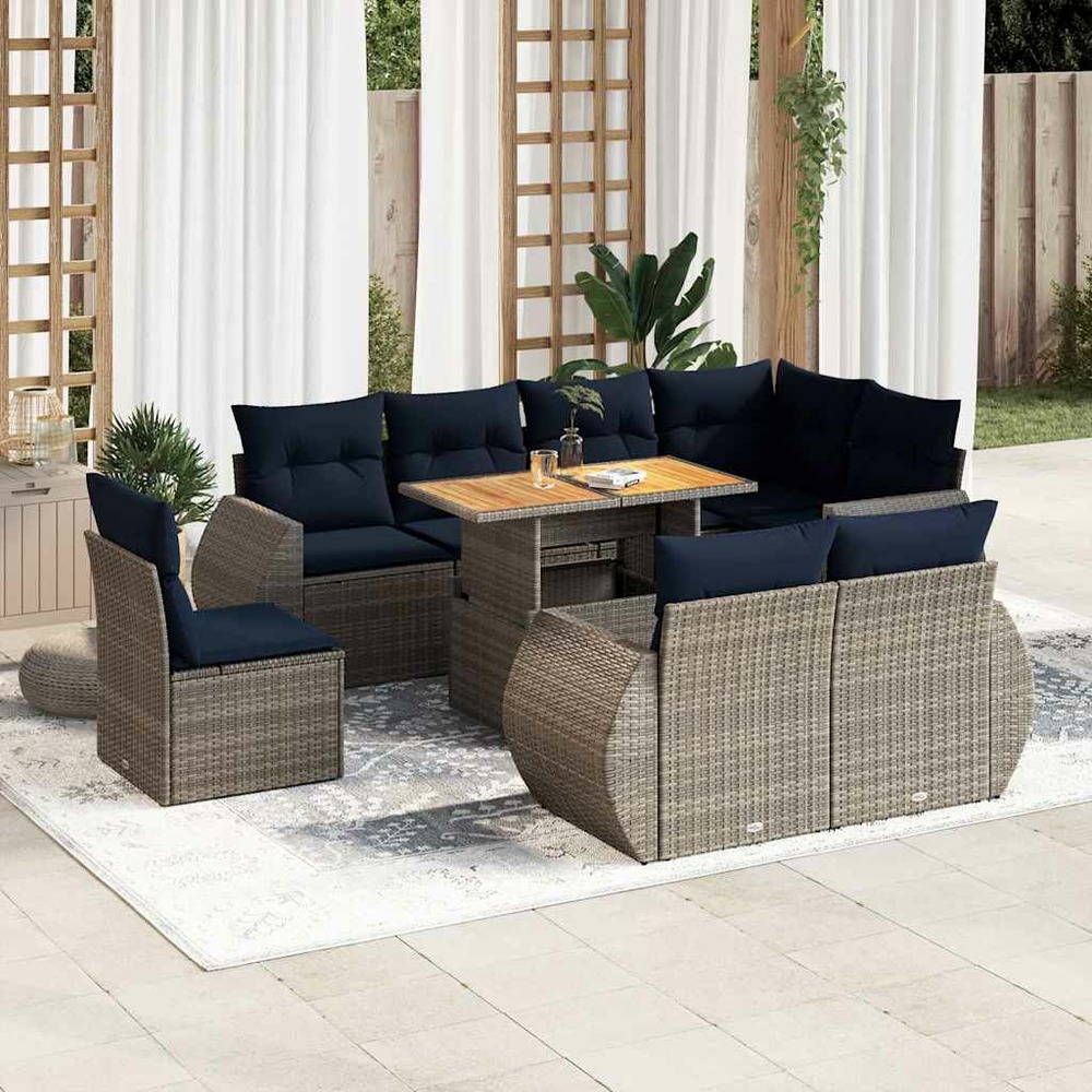 Salon de jardin 9 pcs avec coussins gris résine tressée