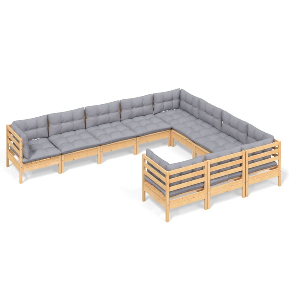Salon de jardin 10 pcs avec coussins gris bois de pin