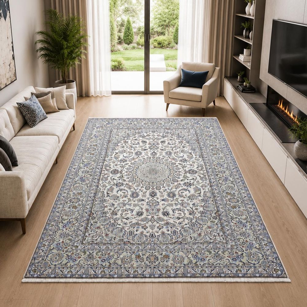 Tapis d'orient 196 x 297 cm, bleu, crème et beige, noué en laine, kashan 5