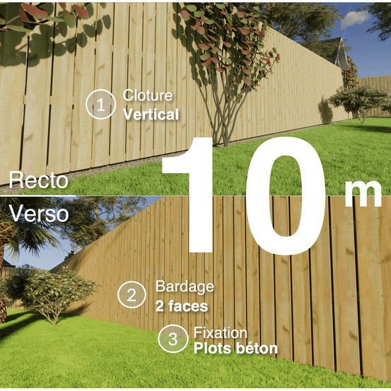 Kit clôture bois moderne 10m – h 2,3m – 21 x 145 mm autoclave vert – pose vertical – double face – à sceller