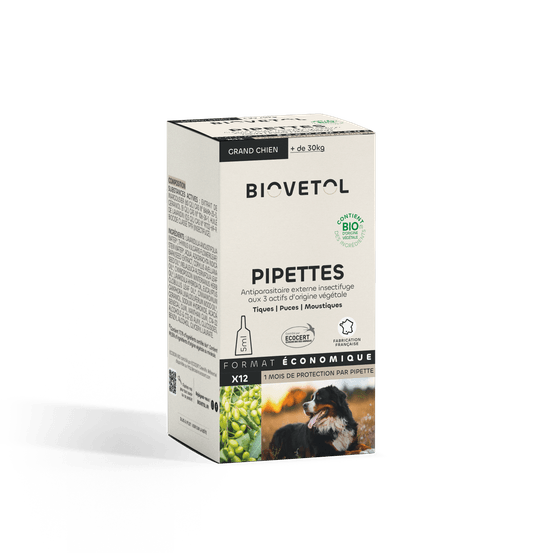 Pipettes anti puces grand chien 5ml bio -certifié ecocert 12 pipettes* 5ml
