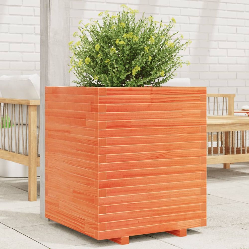 Jardinière haute carrée en bois de pin massif – bac profond finition cire marron pour arbustes – 60cm brun
